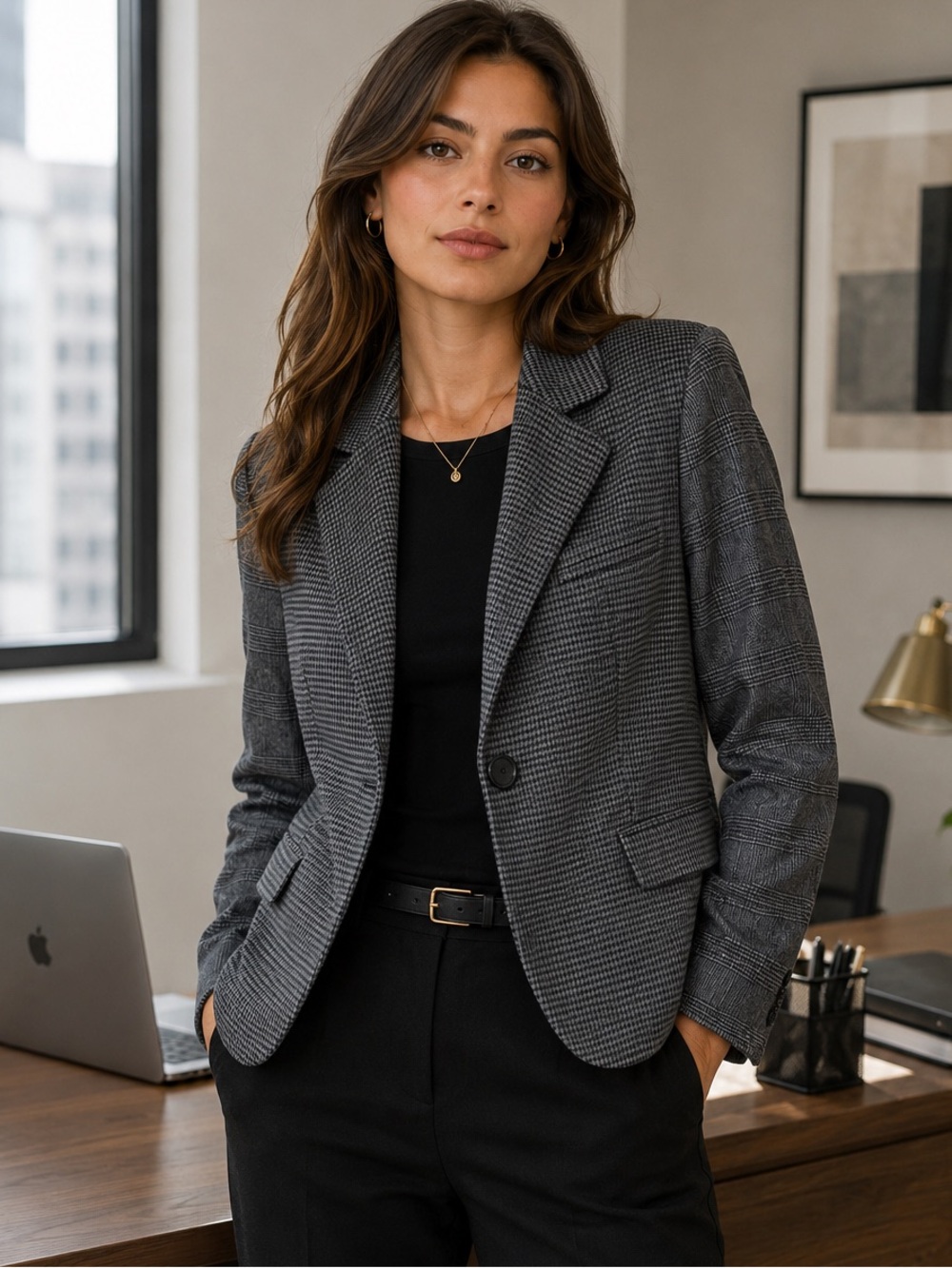 Black Swan Houndstooth Wool Blend Contrast Sleeve Office Blazer Size M